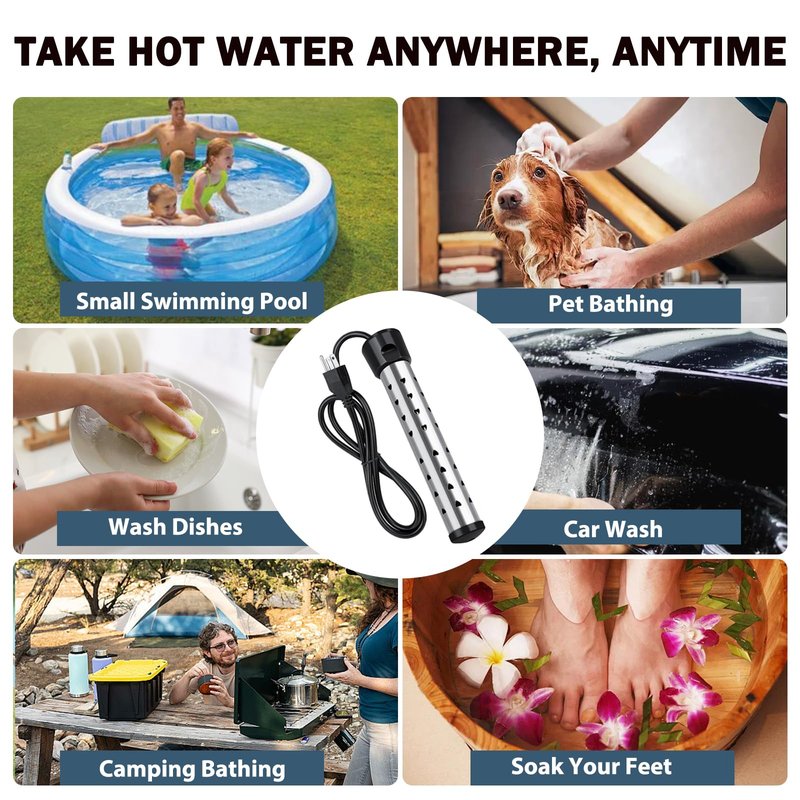 2000W Immersion Heater, Portable Electric Water Heater Fast Heating for Buckets Bathtubs, Submersible Water Heater with LCD Thermometer 304 SS Guard, 5 Gallons of Water in Minutes