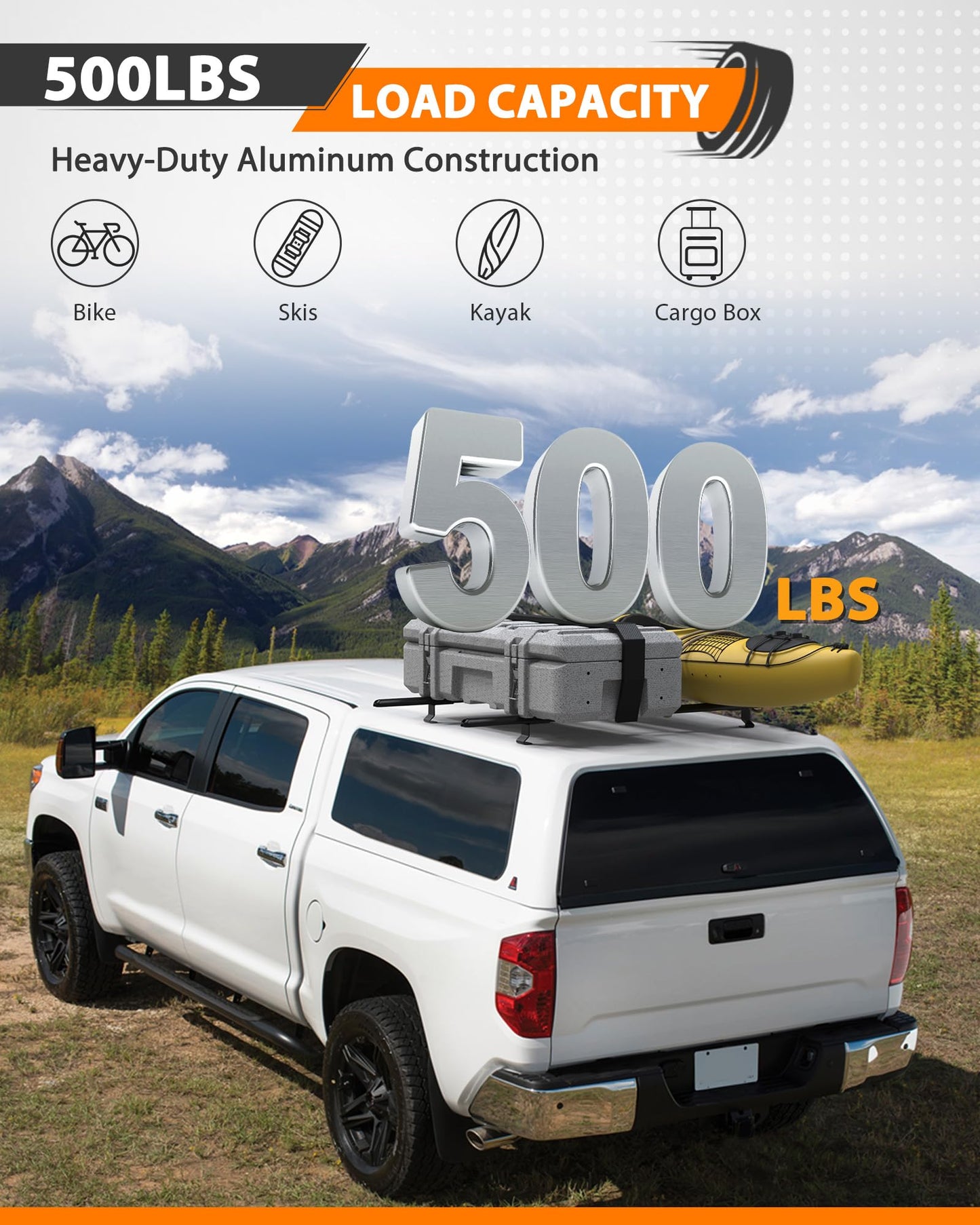 MELIPRON 60" Truck Topper Roof Rack for Pickup Truck Cap, Heavy Duty Aluminum Camper Shell Ladder Rack for Kayak/Canoe, 500lbs, Drilling Required