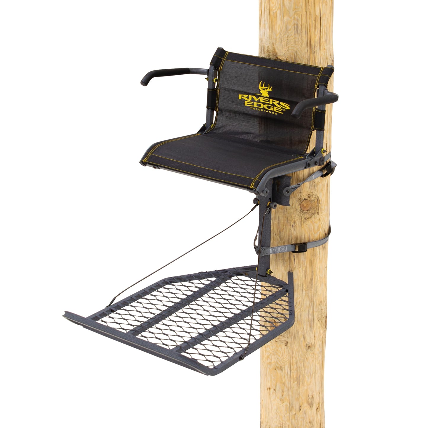 Rivers Edge® Lounger Lever-Action Hang-On Treestand, Easy to Hang, Seat and Platform Leveling, Flip-Up TearTuff Mesh Seat, 24” x 36” Platform, Vinyl Dipped Armrests, RE521