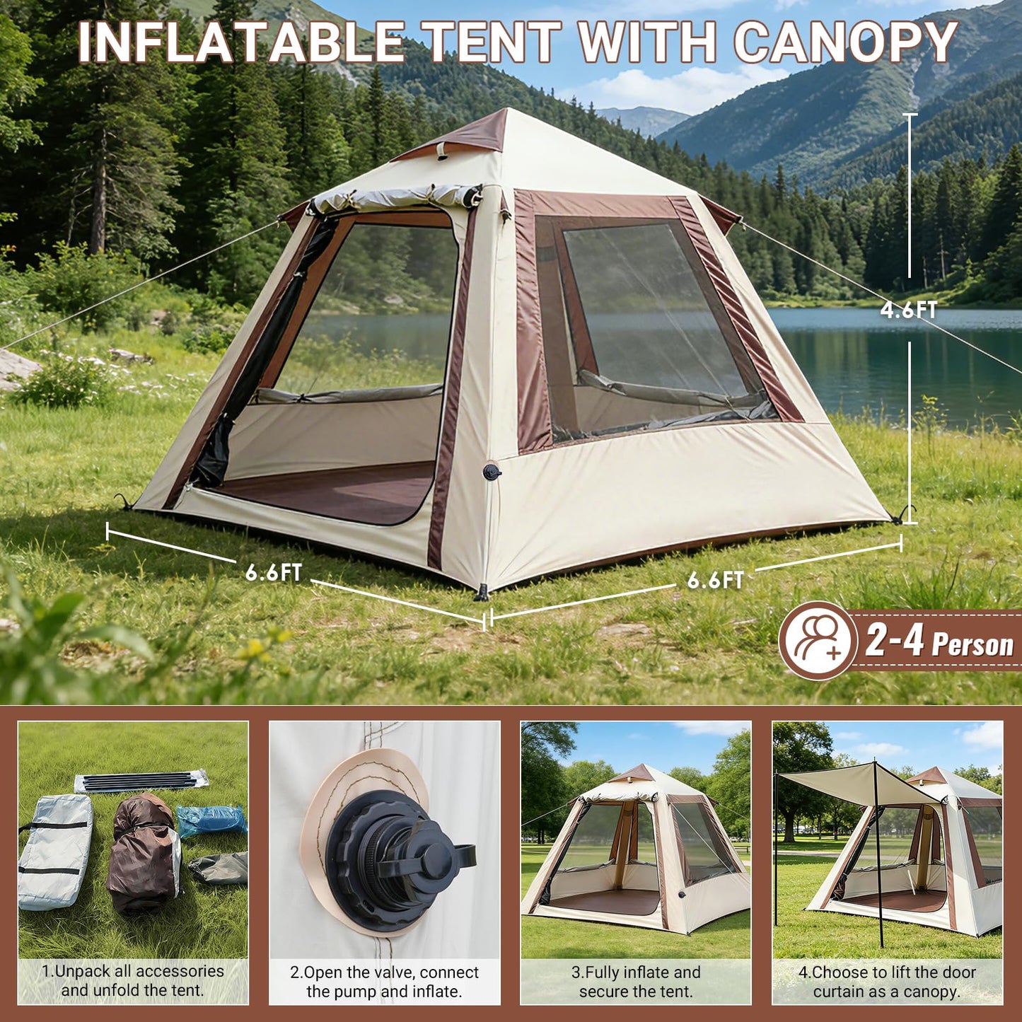 Ziziella Inflatable Tents for Camping, Easy Setup Inflatable Tent Glamping Tent with Pump,Waterproof Oxford 4 Season Air Tent with Skylight Mesh Windows for 2-4 Person