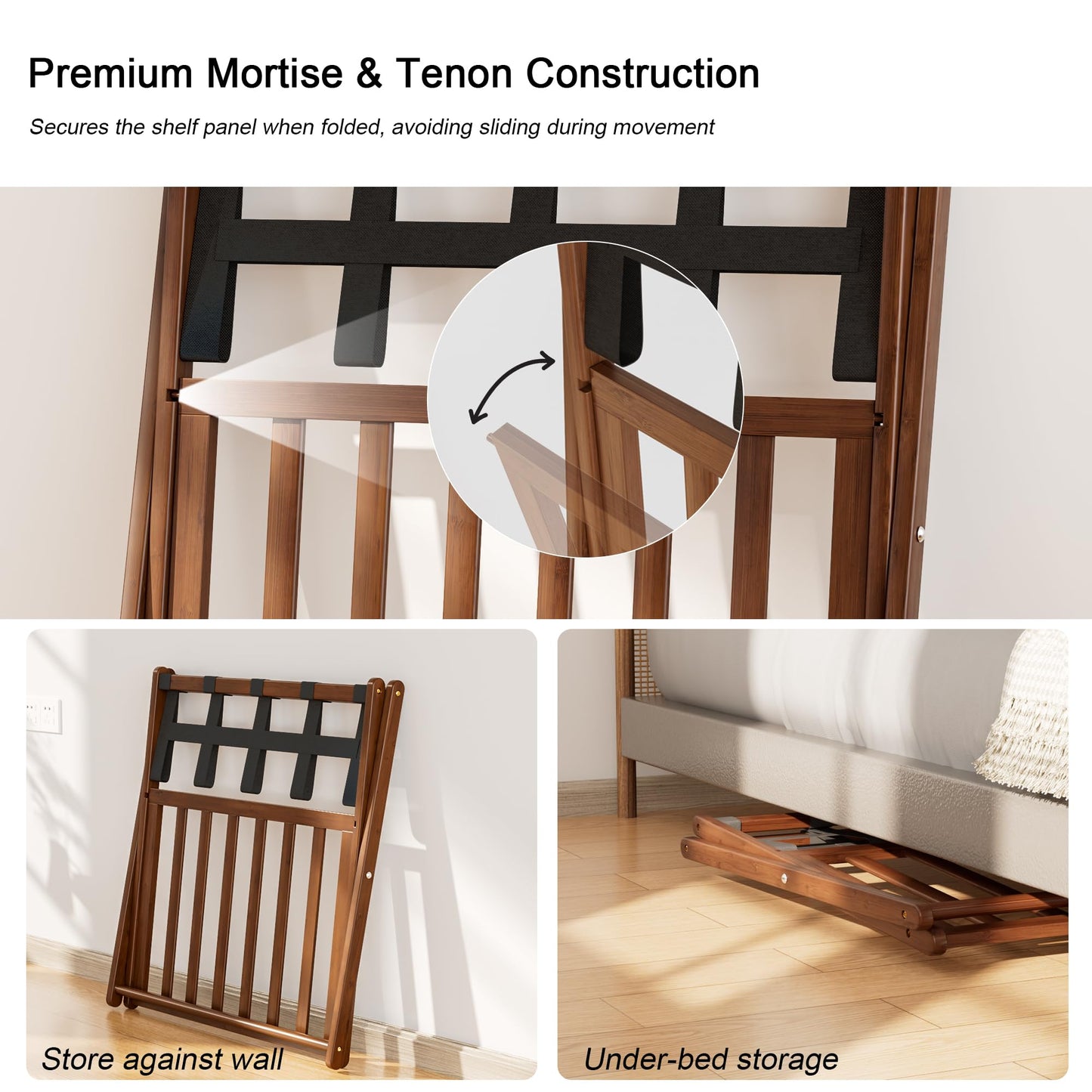SANLUCE Fully Assembled Luggage Rack Set of 2 for Guest Room, Bamboo Suitcase Stand with Foldable Storage Shelf, Crossed Nylon Straps Folding Luggage Holder for Bedroom and Hotel, Walnut