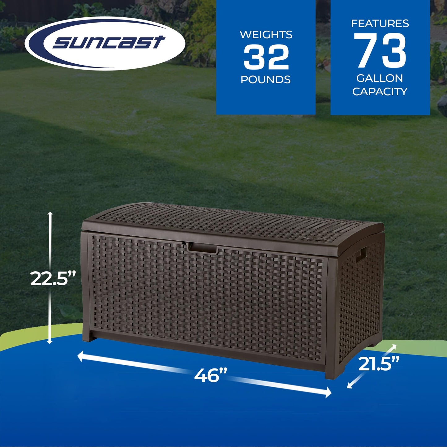 Suncast Outdoor Storage Box - 73 Gallon Mocha Brown Deck Box for Patio, weather-resistant Outdoor Storage Bench, Resin Wicker Style, Heavy-Duty, Lockable Lid for Cushions, Shoes, Pool & Garden Gear