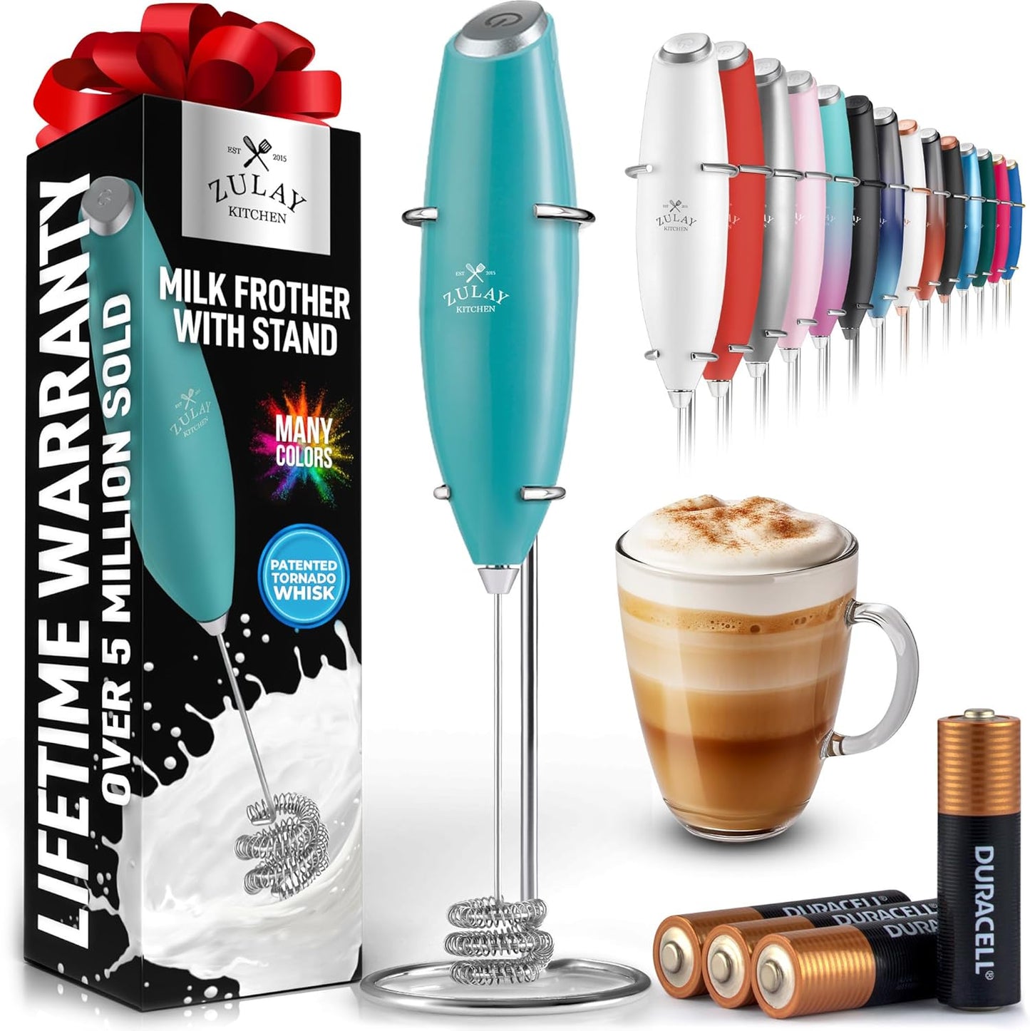 Zulay Kitchen Tornado Triple Whisk Milk Frother - Handheld Foam Maker for Coffee & Lattes - Turquoise