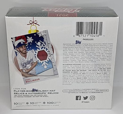 2021 Topps Holiday MLB Baseball Mega Box (100 Cards Total) One Relic or Autograph Per Box