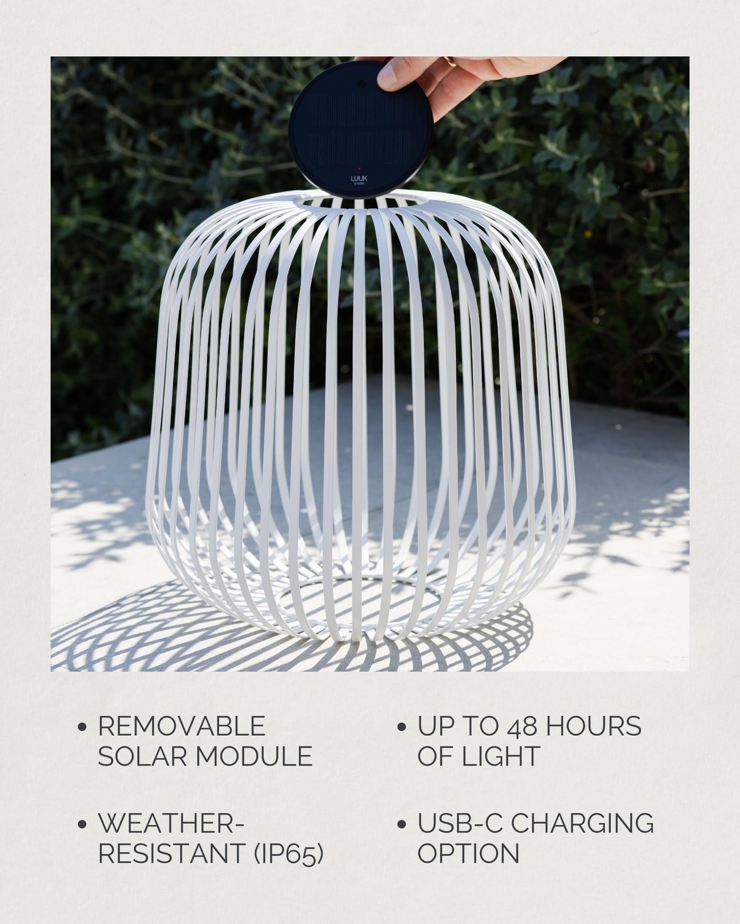 LUUK Studio Solis Wireless Solar LED Accent Lamp, Warm White Dimmable Light, Water Resistant, Indoor Outdoor Use, USB-C Rechargeable, Living Room, Patio, Soft Luxury Style, White, Size L