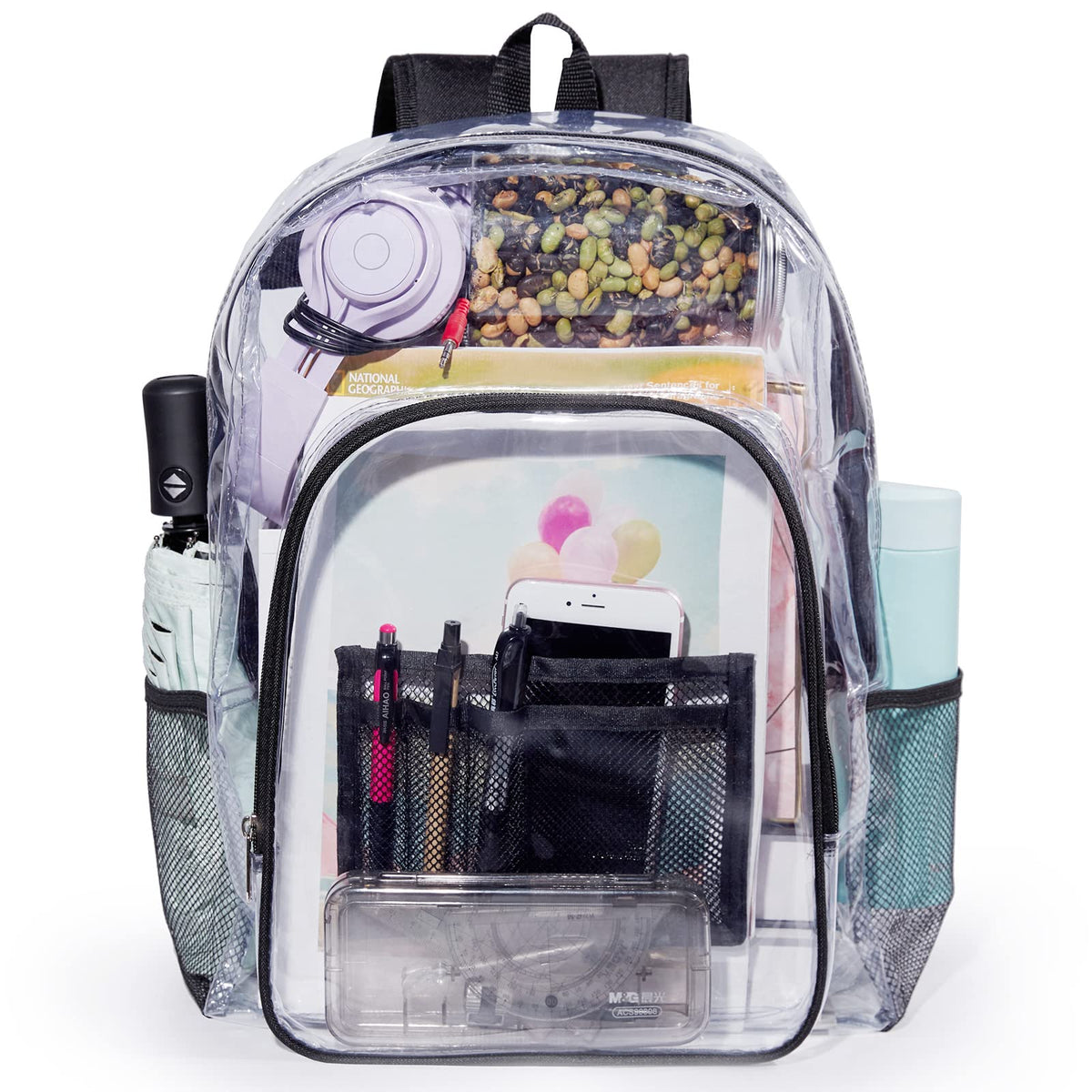 Jusdot Clear Backpack, Transparent Backpack Heavy Duty PVC See Through Backpacks Clear Bag for School, Workplace, Black