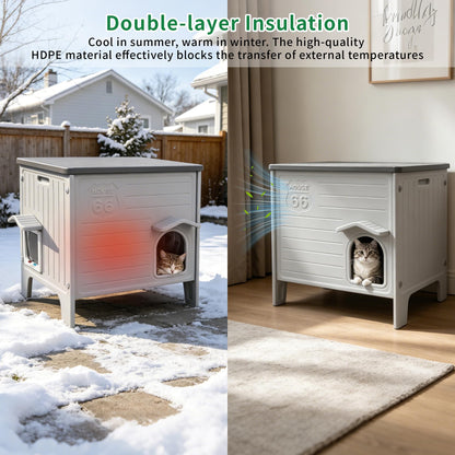 Rockever Outdoor Cat House for Summer, Elevated Waterproof Pet Shelter with Breathable Insulated Liner, Comfortable Outdoor Cat Home with Escape Door, All-Season Shelter for Cats (M,Grey&Heating Pad)