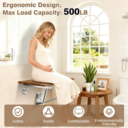 20'' Folding Shower Seat Wall Mounted, Folding Shower Bench with Stainless Steel Bracket, 500lb Load Capacity, for Elderly, Pregnant Women, Kids, Disabled