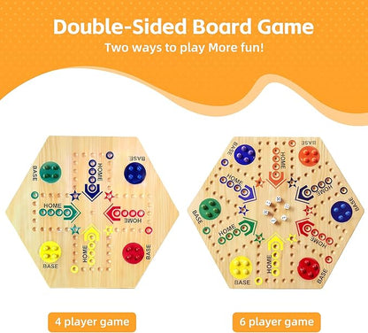 Wooden Board Game Board Game Original Marble Game Double Sided Painted 2 to 6 Player Fast Track Wooden with 6 Colors 24 Marbles 6 Dice for Adults Kids Family(24 INCH)