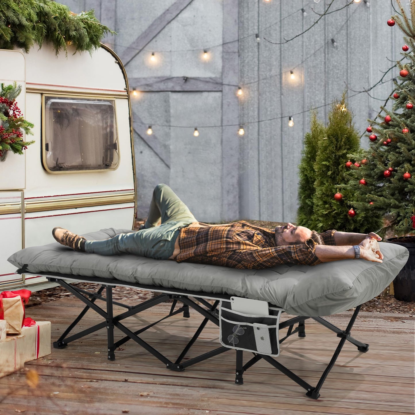 Fragess Portable Camping Cot, 32" Extra Wide Camping Cots for Adults with Thick Mattress, Heavy Duty Sleeping Cot Holds Up to 600LBS, Cots for Sleeping, Rv, Beach, Patio, Office Naps(Grey)