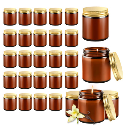 Cmoott 24 Pcs 4 Oz Mason Jar Candles, Vanilla Scented Soy Candles Bulk Set for Stress Relief and Relaxation, Great Favors for Wedding, Christmas, Housewarming Gifts (Gold,Amber Glass, Vanilla, 24)