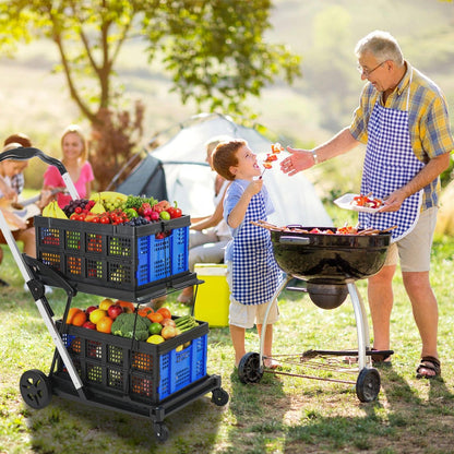 Collapsible Shopping Cart on Wheels, Folding Shopping Cart with 360° Swivel Wheels, Multi Use Utility Cart Adjustable Portable Trolley with 2 Storage Crate, Used for Picnic, Supermarket, Blue