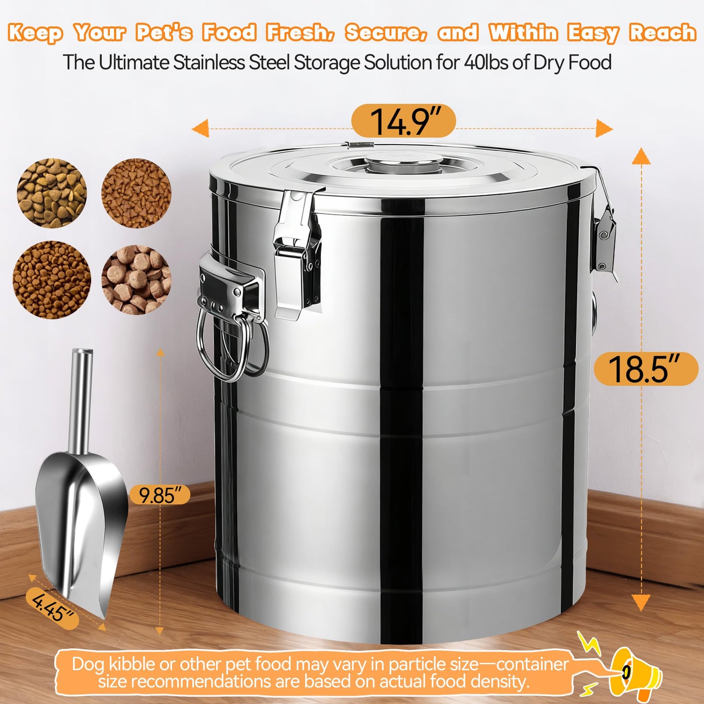 UPSKYPET 40lb Stainless Steel Dog Food Storage Container, Large Capacity Metal Pet Food Storage Container with Scoop, Airtight Dog & Cat Food Treat Bin for Dry Food Keep Fresh for Multi-Pet Households