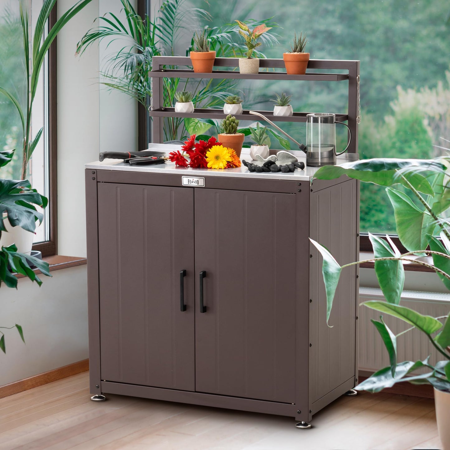 Feasto Outdoor Potting Bench Table with Storage Cabinet, Stainless Steel Garden Workstation, Raised-Edge Top, Adjustable Shelf & Removable Hutch for Patio, Balcony & Outdoor Workspace, Brown