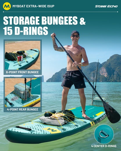 MYBOAT 11'6" Extra Wide Inflatable Paddle Board, 450LB Max Capacity Stable SUP for 2-3 People, Non-Slip Stand Up Board for Beginners & Fishing, Versatile 15 D-Rings, Dual Bungee, 3-Fin Stability