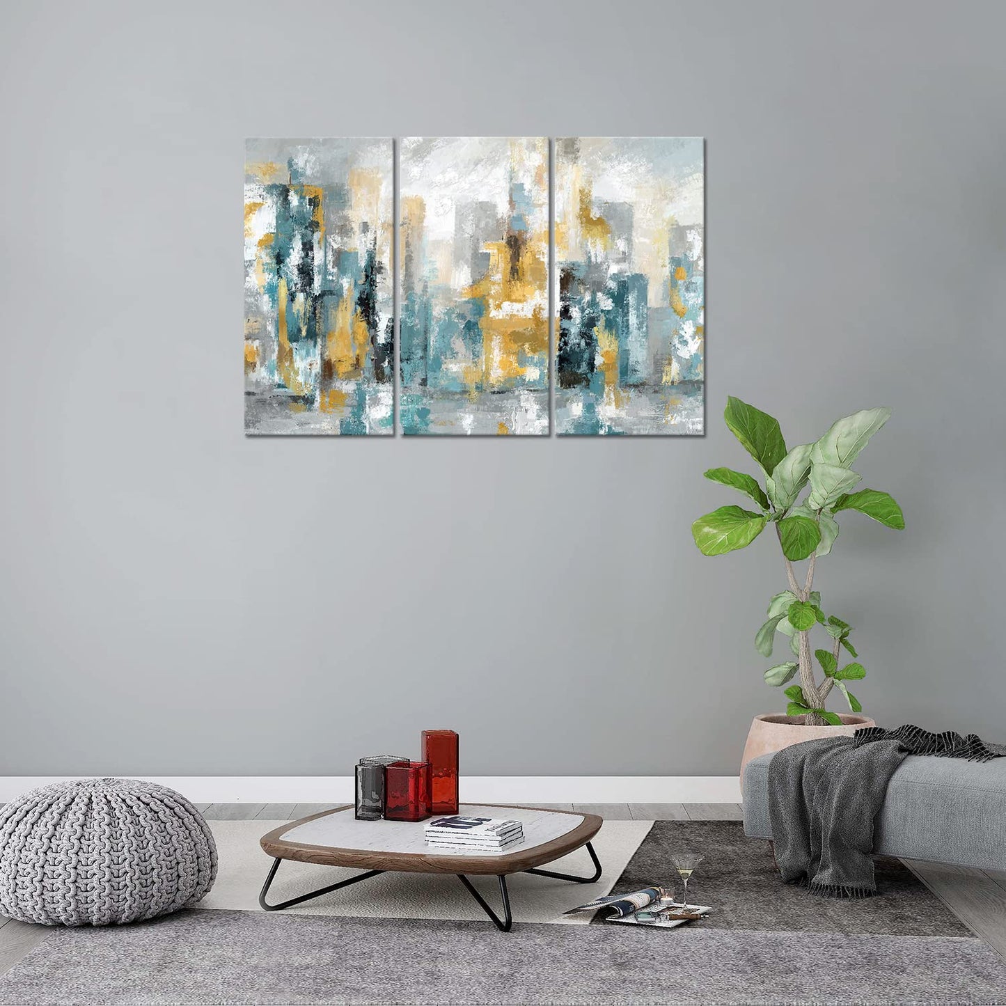 Teal Abstract Wall Art-Abstract Picture 3 Piece Yellow and Blue Canvas Print Wall Painting Decor Modern Artwork Canvas Wall Art for Living Room Home Office Decor