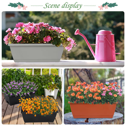 Lysjtsr 12Pcs 17Inches Rectangle Planter Box with Drainage Holes and Trays Plastic Planters Flower Boxes Pots for Indoor Outdoor Plants Patio Garden Home Decor Porch Yard (Black)