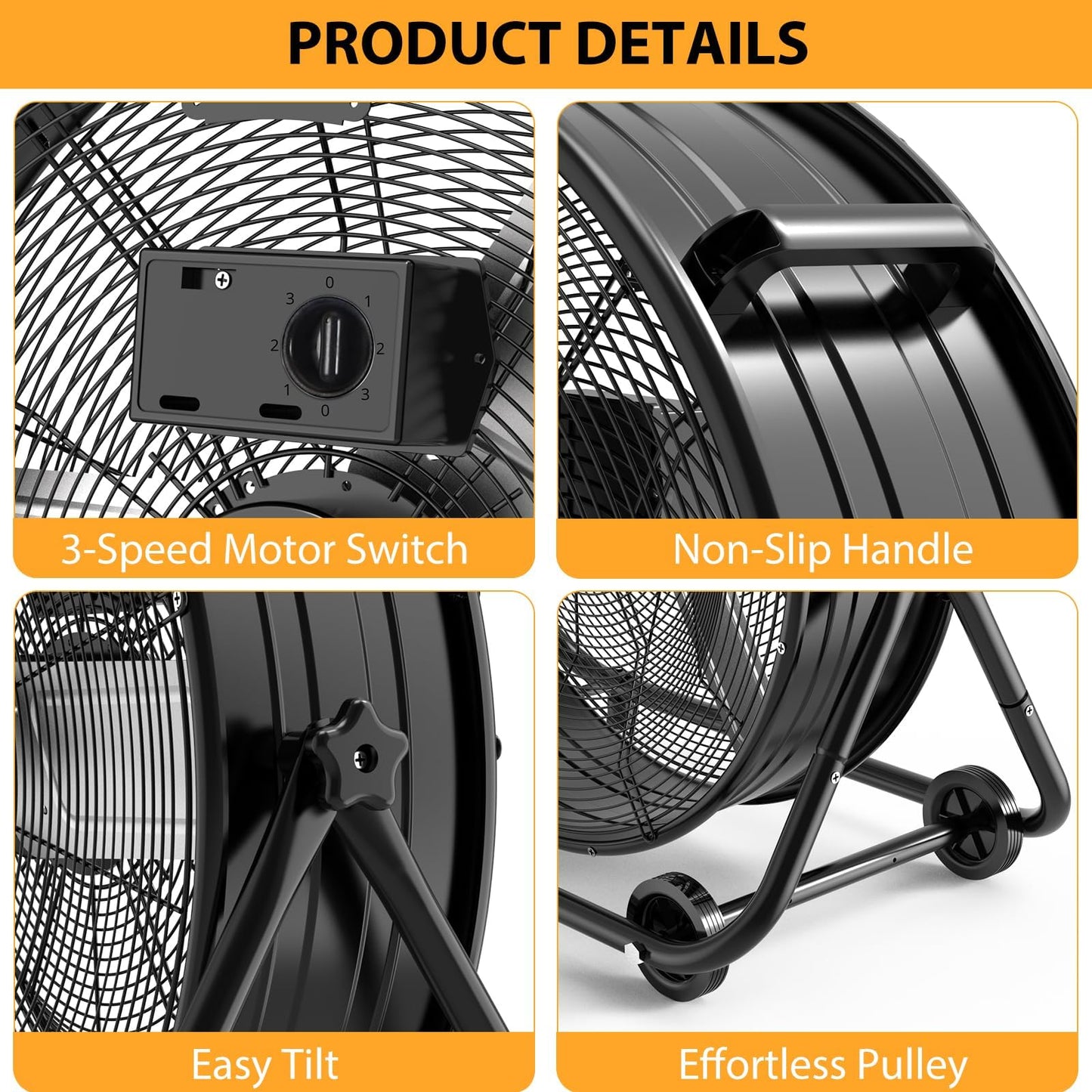 24 in High Velocity Drum Fan, Heavy Duty Industrial Fan, 8800 CFM Floor Fan, 3 Speed Garage Fan, Portable Air Circulator with 360° Tilt, Durable Metal Construction for Warehouse Workshop Jobsite