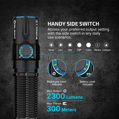 OLIGHT Warrior 3S 2300 Lumens Rechargeable Tactical Flashlight, Compact Dual-Switches LED Bright Light with Proximity Sensor, Powered by Customized Battery for Emergency and Searching (Black)