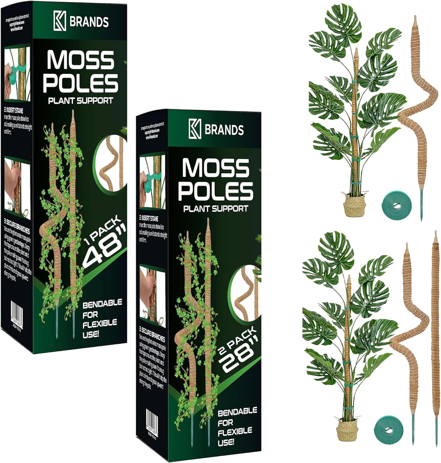 K-Brands 3 Pack Bendable Moss Pole - 48'' & 28'' Monstera Plant Support for Indoor Climbing Plants