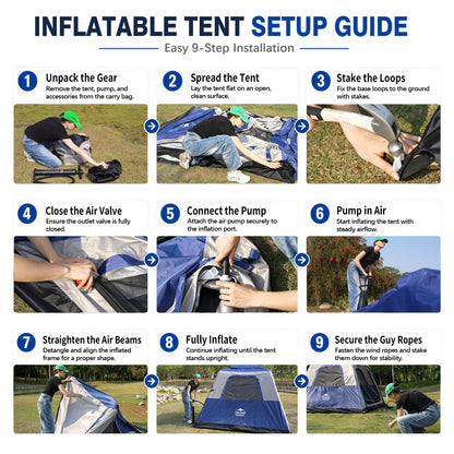 Inflatable Camping Tent with Pump, 2-4 Person Air Tent, Easy Setup Waterproof Blow Up Cabin with Awning for Outdoor Camping