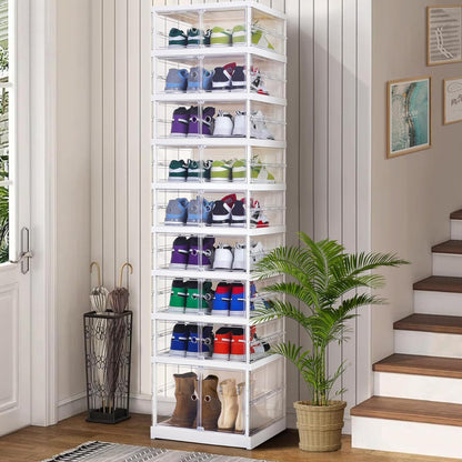 AOHMPT Foldable Storage Box - Easy Assembly Clear Plastic Stackable Shoe Storage Cabinet Organizer with Lids - Large Size Shoe Rack (9 layers clear)