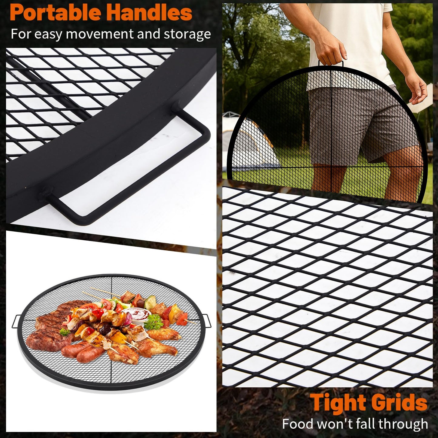 Ferrochef 40 Inch Fire Pit Grill Grate Fire Pit Cooking Grate Heavy Duty Steel Campfire BBQ Grill Grid with Handles for Outdoor Camping Cooking (Infoldable Round)