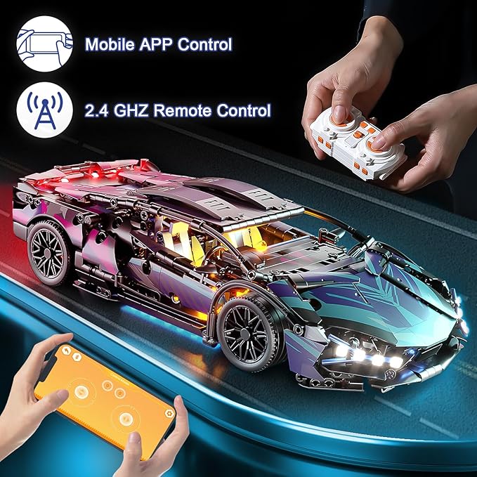 Sport Car Building Block Sets for Adults Technical Remote Control APP Race Car with LED LightsCollectible 1:14 Model Scale Engineering Toy Men Teens Boys Birthday Gift Age 8+ 8-12 12 13 14