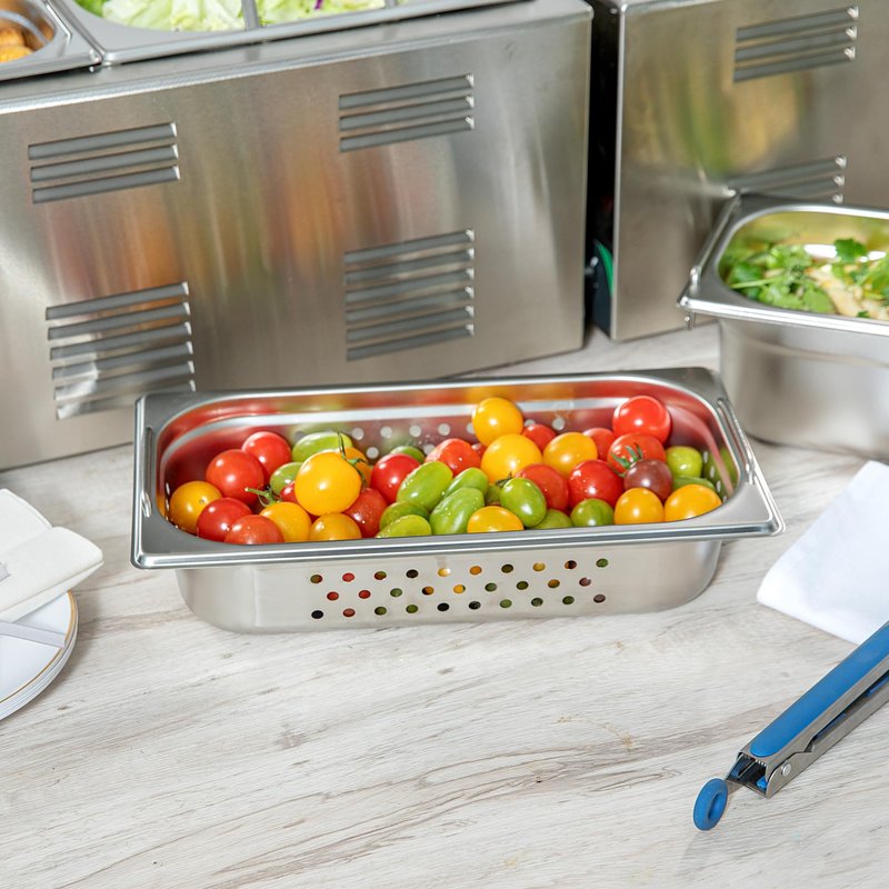 Restaurantware One Third (1/3rd) Perforated Steam Table Pan - 2.5" Deep - Collapsible Handles - Anti Jam - Commercial Grade Stainless Steel - 1ct Box - Met Lux