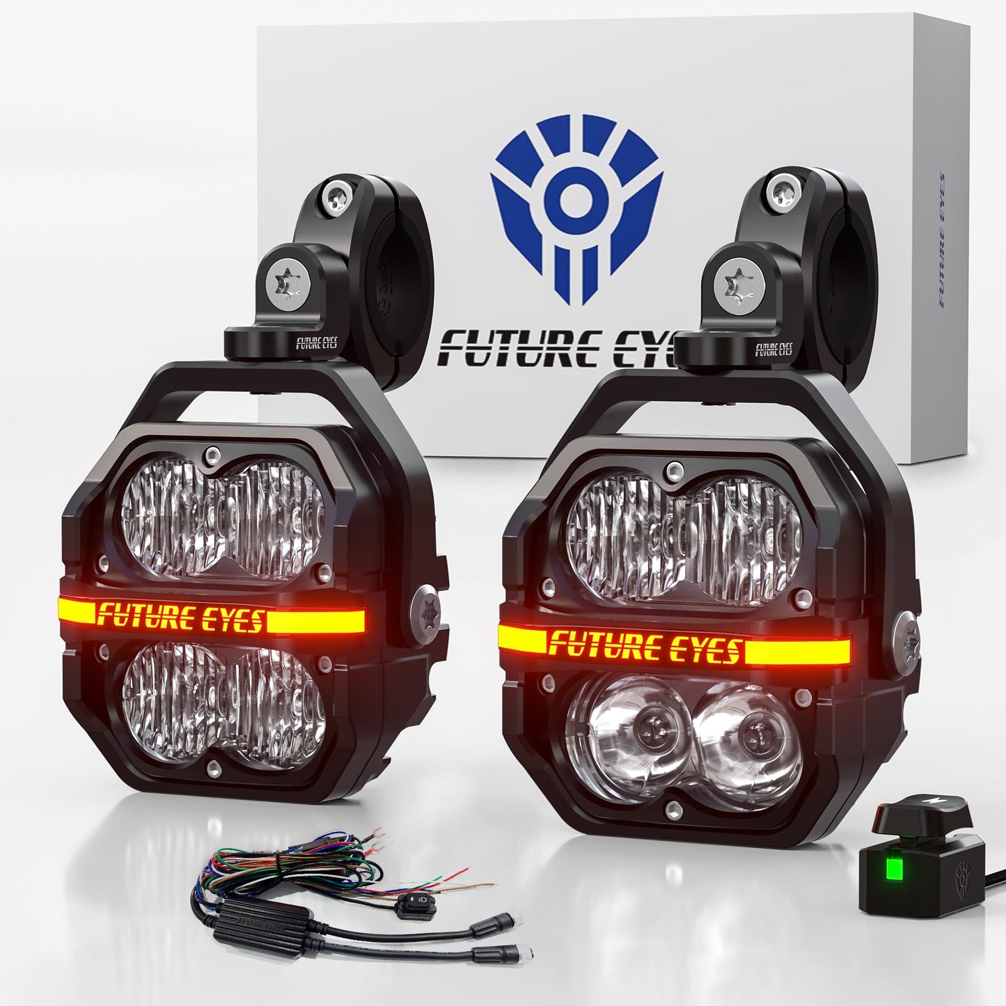 Future Eyes 120W LED Motorcycle Lights, High & Low Beam, Amber Fog Light, Waterproof Off-Road Auxiliary Headlight for Night Riding, ATV, UTV, and Motorcycle Fog & Driving Lights