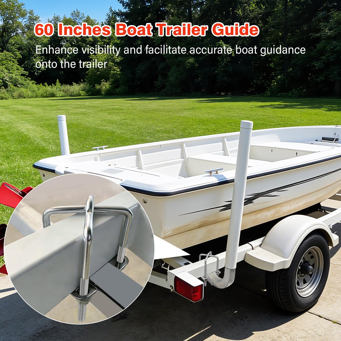 Boat Trailer Guide-ons-60,2*316L Stainless Steel Trailer Post Guide on,2*UPVC Tube Trailer Guide Bars,mounting Hardware Included,for Fishing Boats,Kayaks,Canoes,ski Boats and More