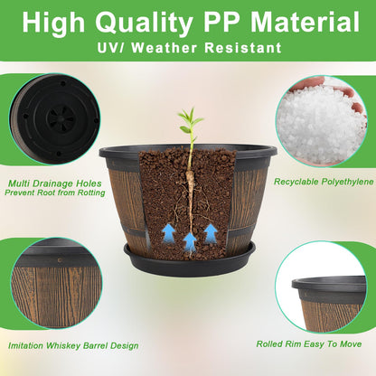 8-inch-Plant-Pots-Indoor-Outdoor, 4 Pack Whiskey Barrel Planters with Drainage Holes & Saucer, Plastic Flower Pots Imitation Wine Barrel Design, Decorative Garden Pots for Plants
