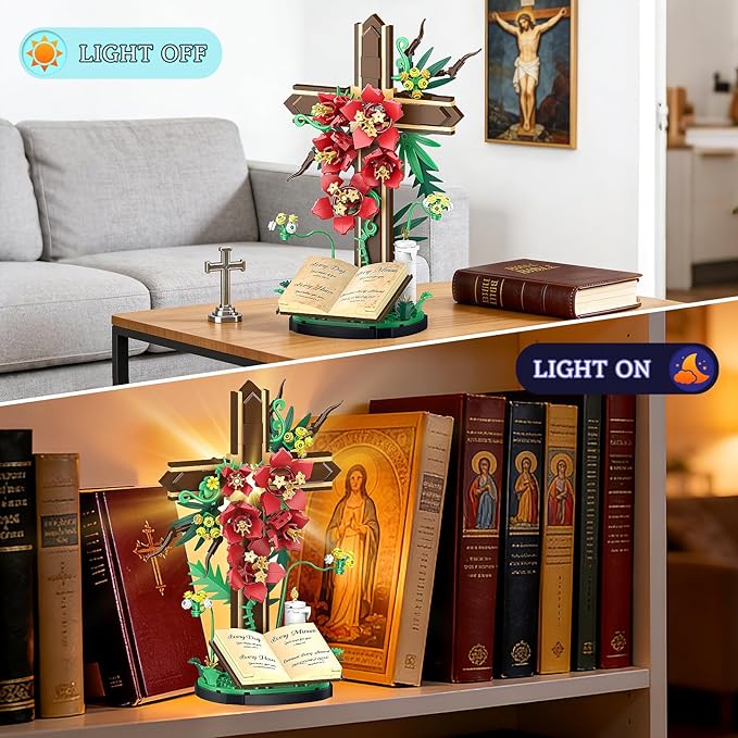 Jesus Cross Flower Building Set Religious Cross Collectibles Jesus Catholic Building Toys Christian Crucifix Floral Decor Display Easter Christian Birthday Gift for Kids Women &amp Adults (381