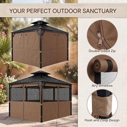Batiyeer Gazebo Privacy Curtains 10' x 10' Outdoor Gazebo Curtains Waterproof with Mosquito Net Windows, Replacement 4-Panels Side Wall with Zippers for Patio Garden and Backyard, Brown(Curtain Only)