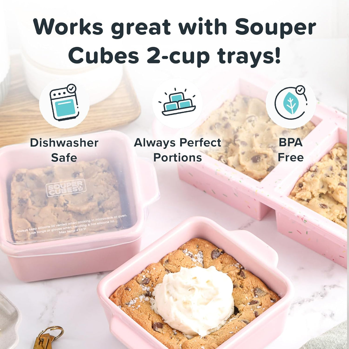Souper Cubes Stoneware Baking Dishes - Premium 5" x 5" Mini Ceramic Set with Silicone Covers, Cotton Candy