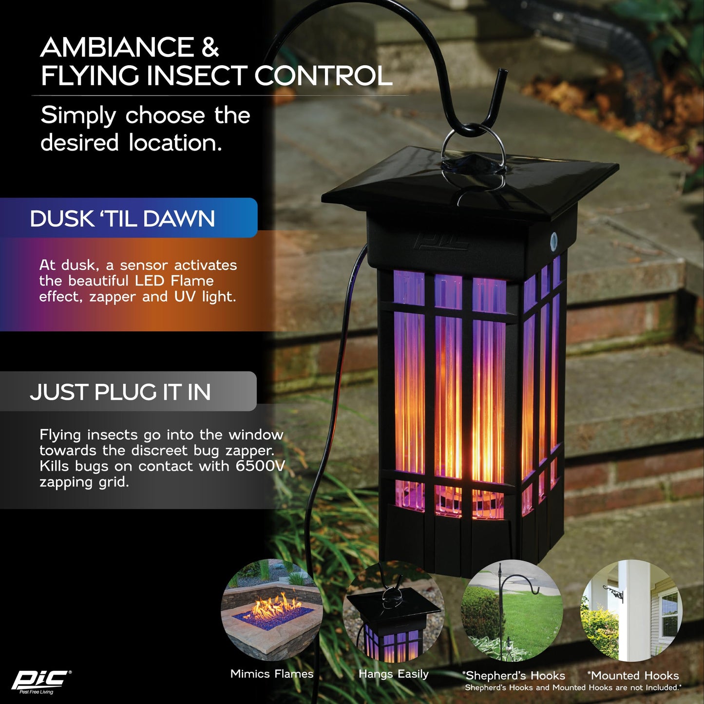 PIC Decorative Flame Effect Bug Zapper Lantern, Flying Insect Trap, 2 Acre Coverage, Outdoor Bug Zapper, Dusk-Til-Dawn Sensor, UV Light, Weatherproof