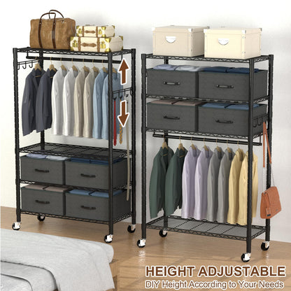 VyGrow Clothes Rack, Heavy Duty Clothing Rack for Hanging Clothes, 4-Tier Adjustable Closet Organizer with 4 Drawers | Hanging Rod | Side Hooks | Load 445lbs | 15.7" D x 35.4" W x 74.1" H