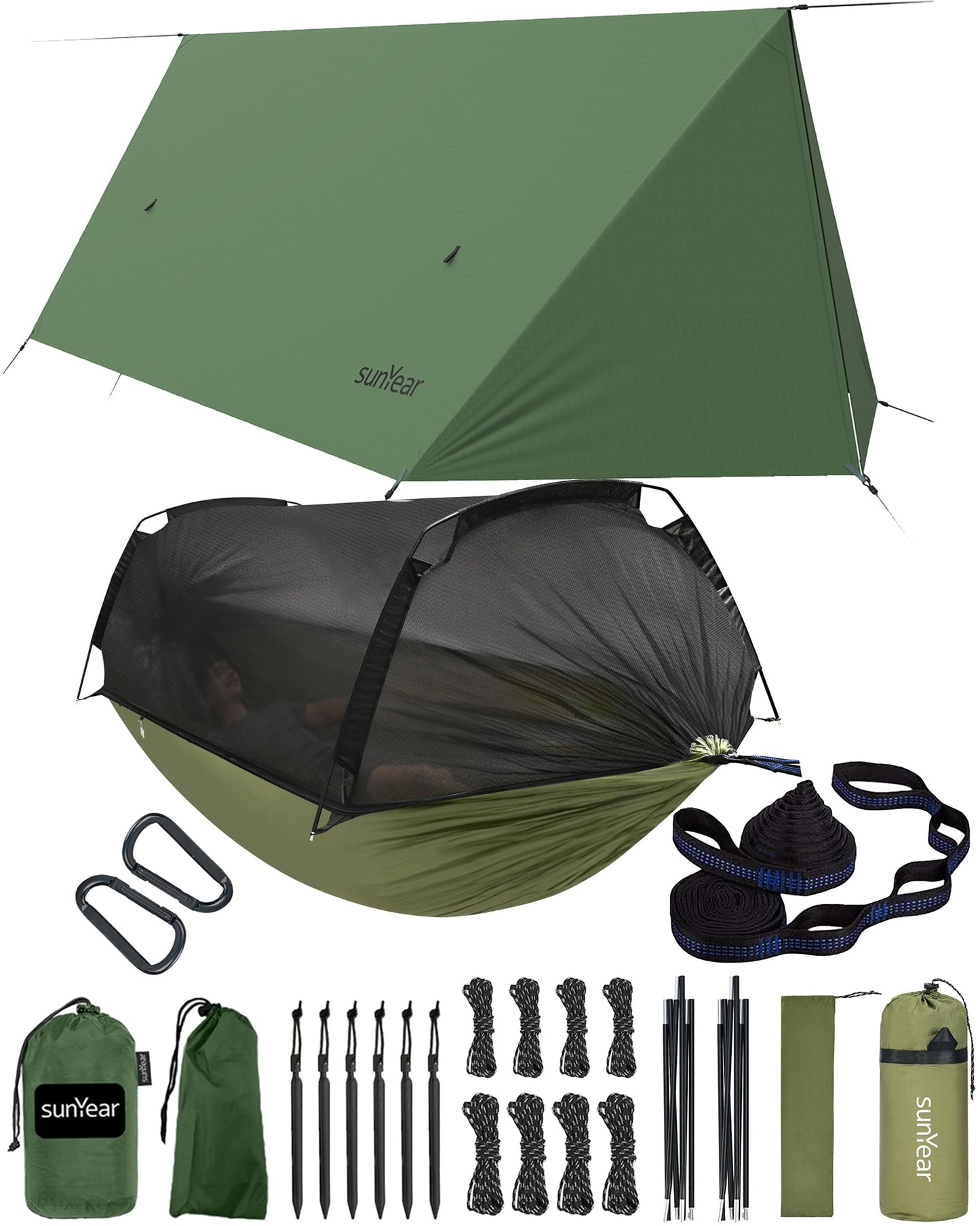 Sunyear All-Season Camping Hammock Shelter System - Complete Kit with Unique Trapezoid Hammock (Double, 500lbs Capacity) and 11ft Waterproof Rain Fly Tarp with Doors