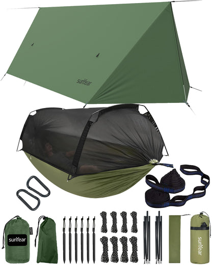 Sunyear All-Season Camping Hammock Shelter System - Complete Kit with Unique Trapezoid Hammock (Double, 500lbs Capacity) and 11ft Waterproof Rain Fly Tarp with Doors