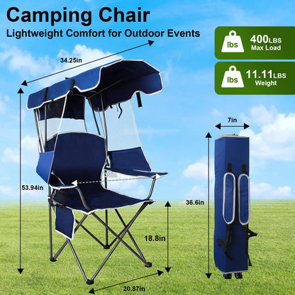 Romswi Folding Canopy Beach Camping Chairs for Adult 2 Pack, Portable Outdoor Chairs with Sunshade,Cup Holder & Side Pocket for Camping, Fishing, Beach, Backyard, Navy