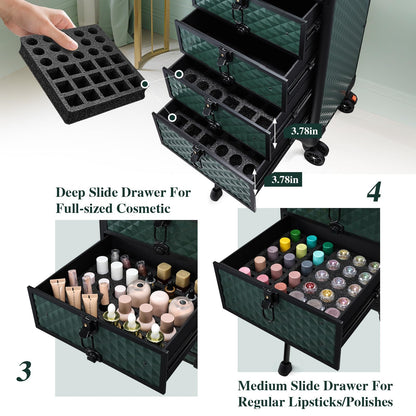 Yueieoun Nail Salon Cart with 4 Drawers,Rolling Makeup Train Case for Beauty,Cosmetology Case on Wheels Trolley Cart,Lockable Organizer Travel Case for Manicure/Face Painting/Hairstylist,DARK GREEN