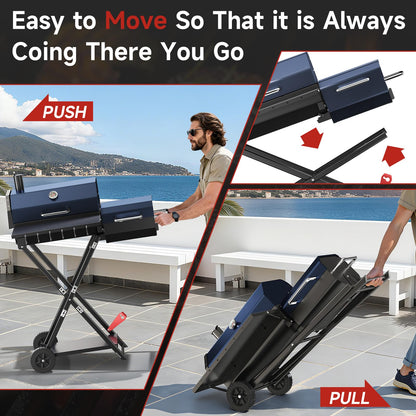 kscocinaBBQ Portable Charcoal Grill with Smoking Function, Foldable Suitcase Design with Wheels, Multi-Tier Storage Rack & Waterproof Cover for Outdoor BBQ Parties (Blue)