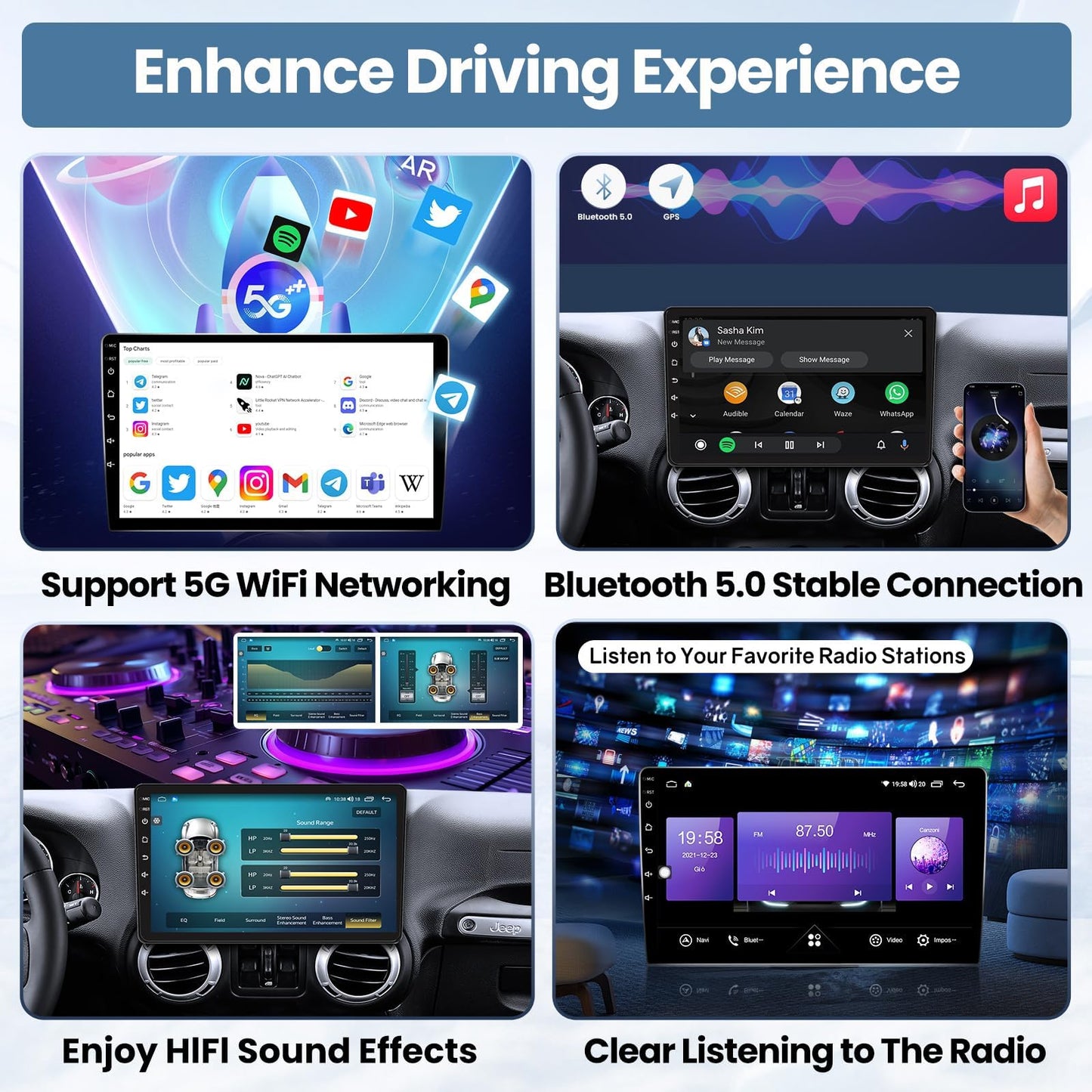 [8CORE 4GB+32GB] Car Radio Stereo for Jeep Wrangler JK 2007-2017 Grand Cherokee Compass, Upgrade 1280 * 800 Touchscreen with Wireless CarPlay Android Auto GPS WiFi Bluetooth FM SWC Backup Camera
