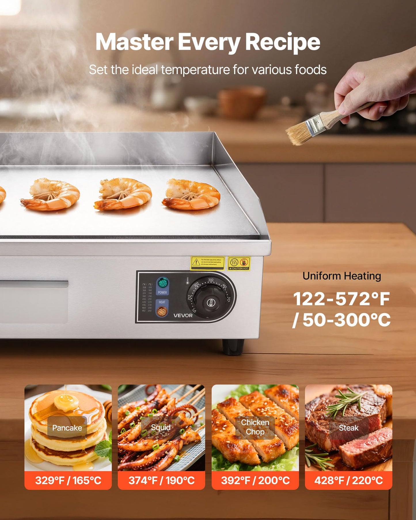 VEVOR Commercial Electric Griddle, 25.79 x 15.75 inch, 2800W, 122-570°F Adjustable Temp Control, Stainless Steel Body, Full Flat, with 2 Spatulas, 2 Brushes, and 4 Foot Pads, for Steak(NO PLUG)