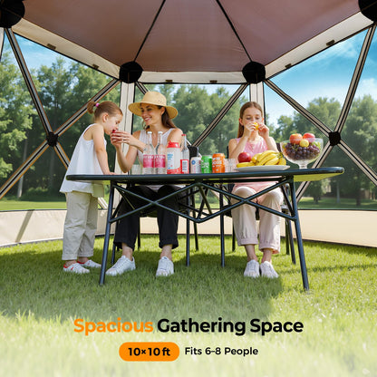Tecoom 10x10ft 6-Side Pop Up Gazebo Tent, Waterproof Instant Screen with Mosquito Netting, Portable Outdoor Canopy with 4 Removable Wind Cloths, Sun Shelter for Camping, Garden and Picnics, Khaki