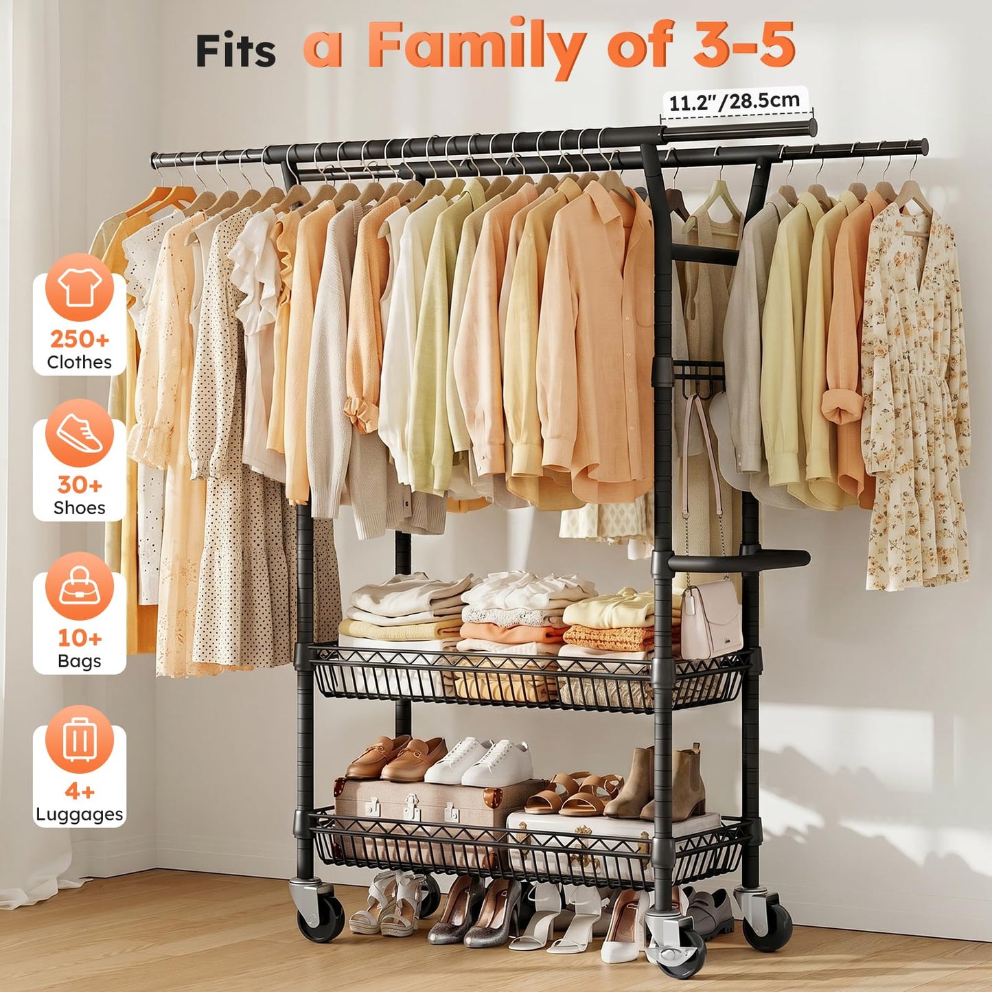 SOLEDI Heavy-Duty Clothes Rack, 1000 LBS clothing rack with wheels Load Capacity Double Rod Clothing Rack with Shelves & Lockable Wheels, Suitable for Bedroom, Entryway, Living Room & Garage (black)