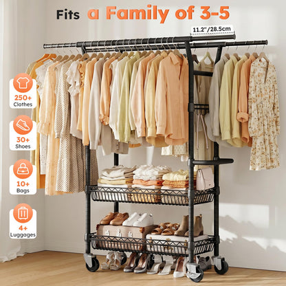 SOLEDI Heavy-Duty Clothes Rack, 1000 LBS clothing rack with wheels Load Capacity Double Rod Clothing Rack with Shelves & Lockable Wheels, Suitable for Bedroom, Entryway, Living Room & Garage (black)