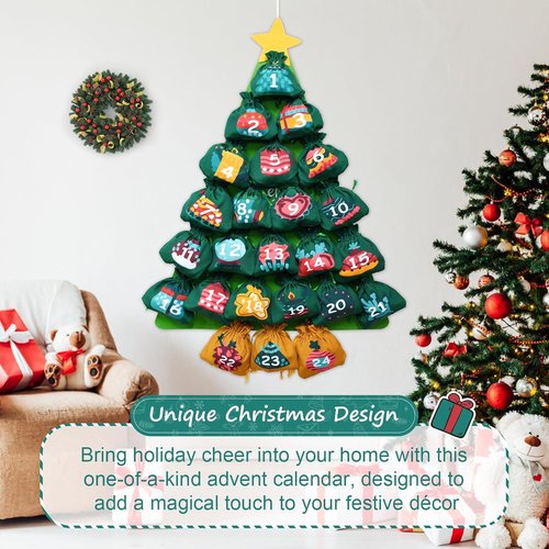 cshare Christmas Advent Calendar - Reusable Hanging Tree Design with 24 Pockets for Countdown Decor
