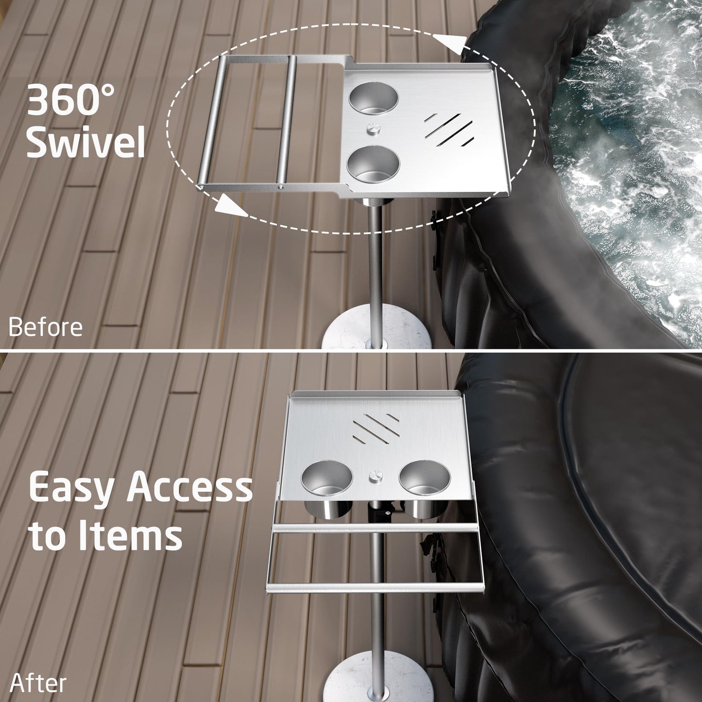 KES Adjustable Height Outdoor Towel Rack for Pool with Weighted Marble Base, 360° Swivel Hot Tub Towel Rack with Hot Tub Table & Drink Holders, 18/8 Stainless Steel, Fit Above Ground Pool, OTR201-2