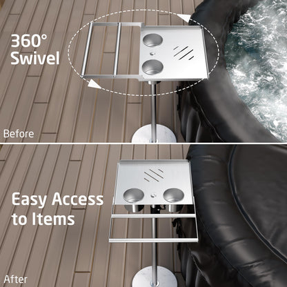 KES Adjustable Height Outdoor Towel Rack for Pool with Weighted Marble Base, 360° Swivel Hot Tub Towel Rack with Hot Tub Table & Drink Holders, 18/8 Stainless Steel, Fit Above Ground Pool, OTR201-2
